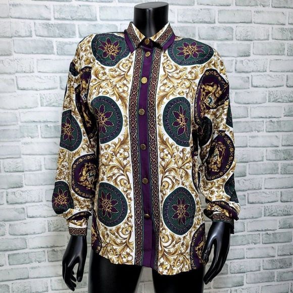 Vintage 80s 90s Thats Me! Womens S/M Multi Ornate Filigree Long Sleeve Button Up - Picture 1 of 8